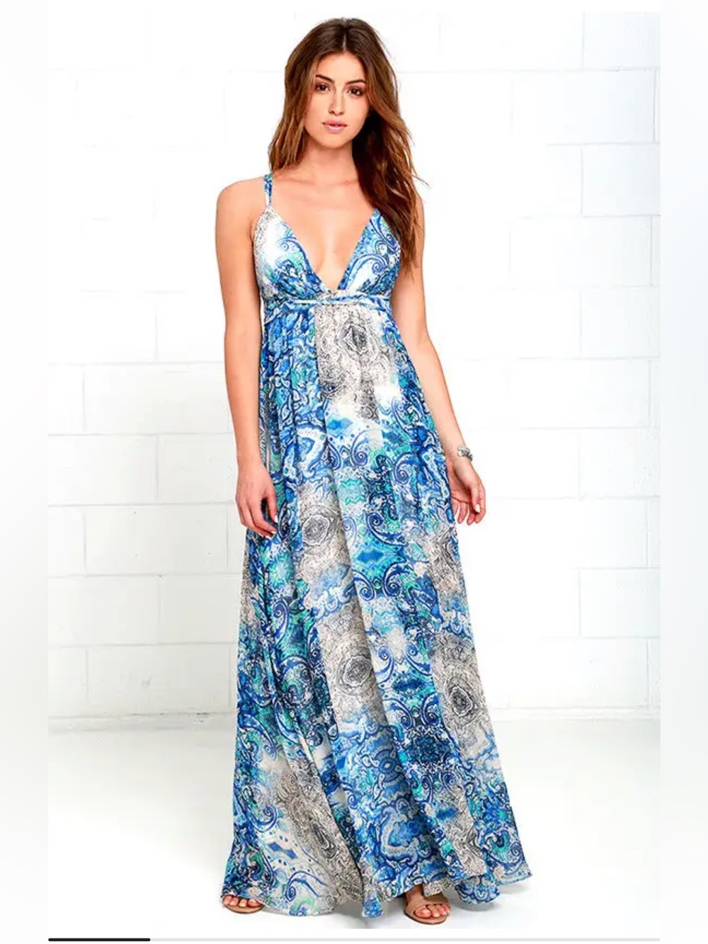 Lulu's Blue Paisley V-Neck Maxi Dress
